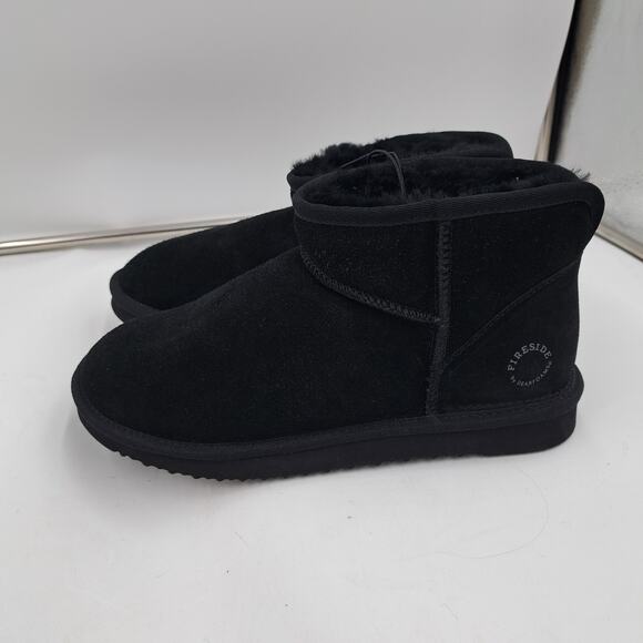 Fireside Dearfoams Womens Riverland Black Shearling Fur Lined Ankle Booties 10 - Picture 2 of 9